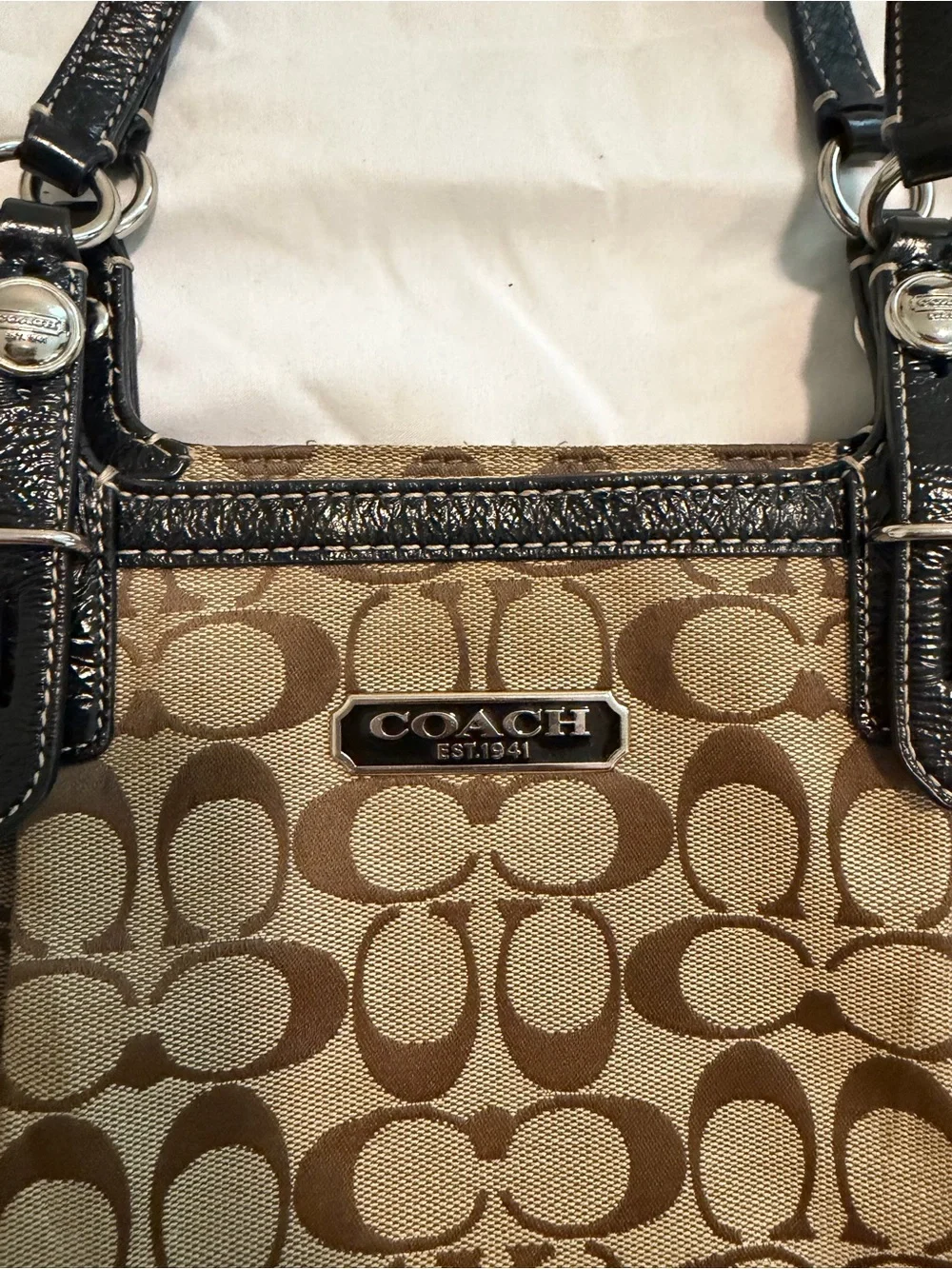 Coach F13566 Signature Jacquard Tote Bag Brown Black Leather Shoulder Purse